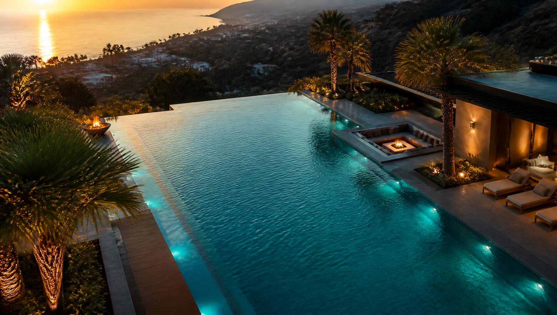 Luxury backyard infinity pool at golden hour with sunlight dancing on the water