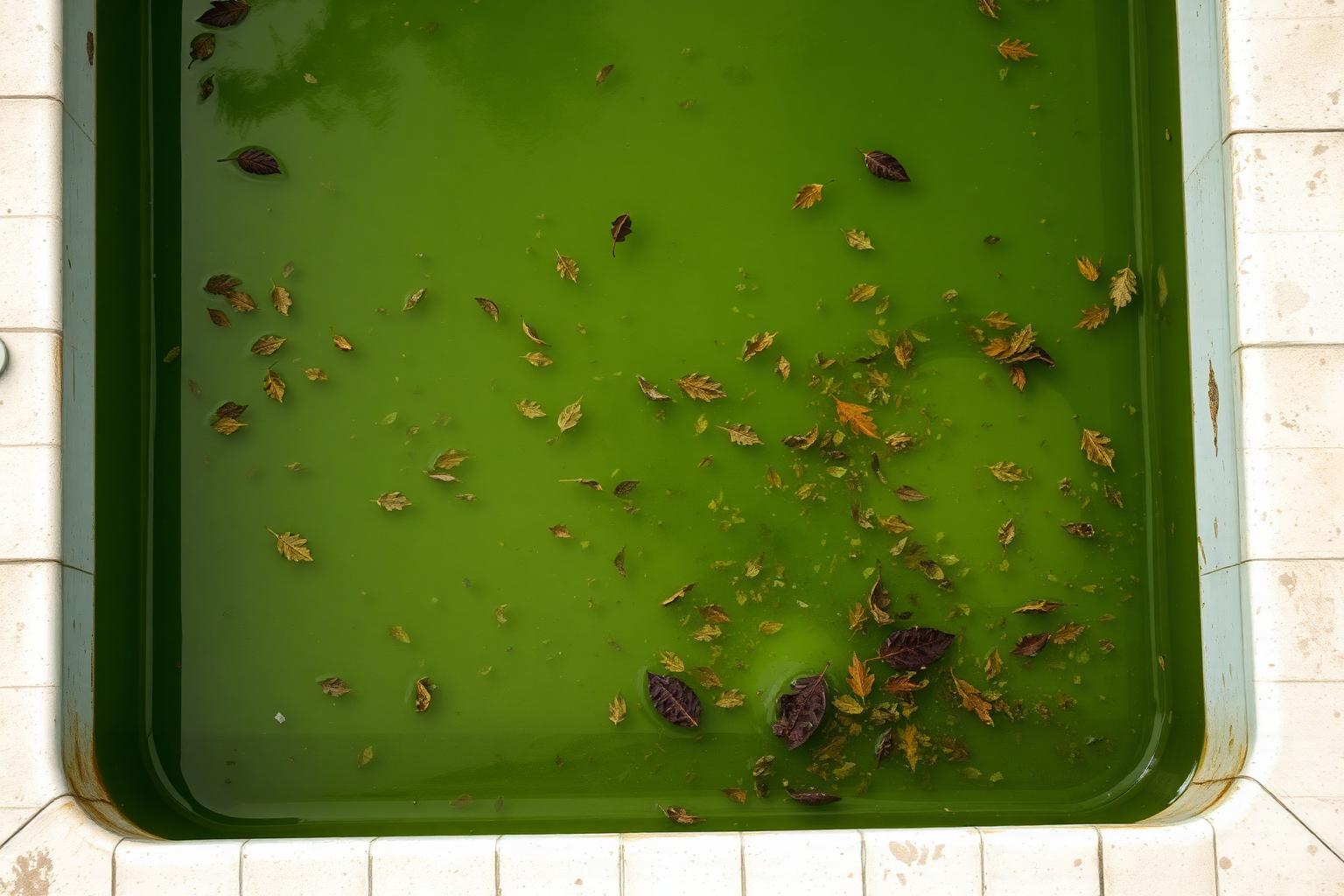 Neglected pool with leaves and cloudy water during inspection