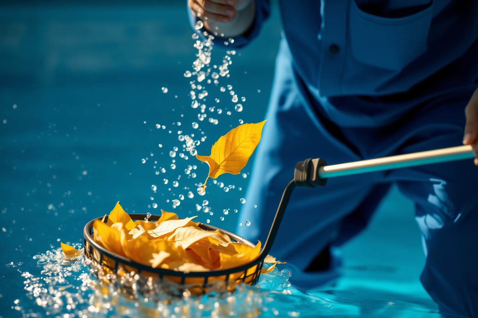 Close-up of a Blue Wave technician skimming leaves from a sparkling pool