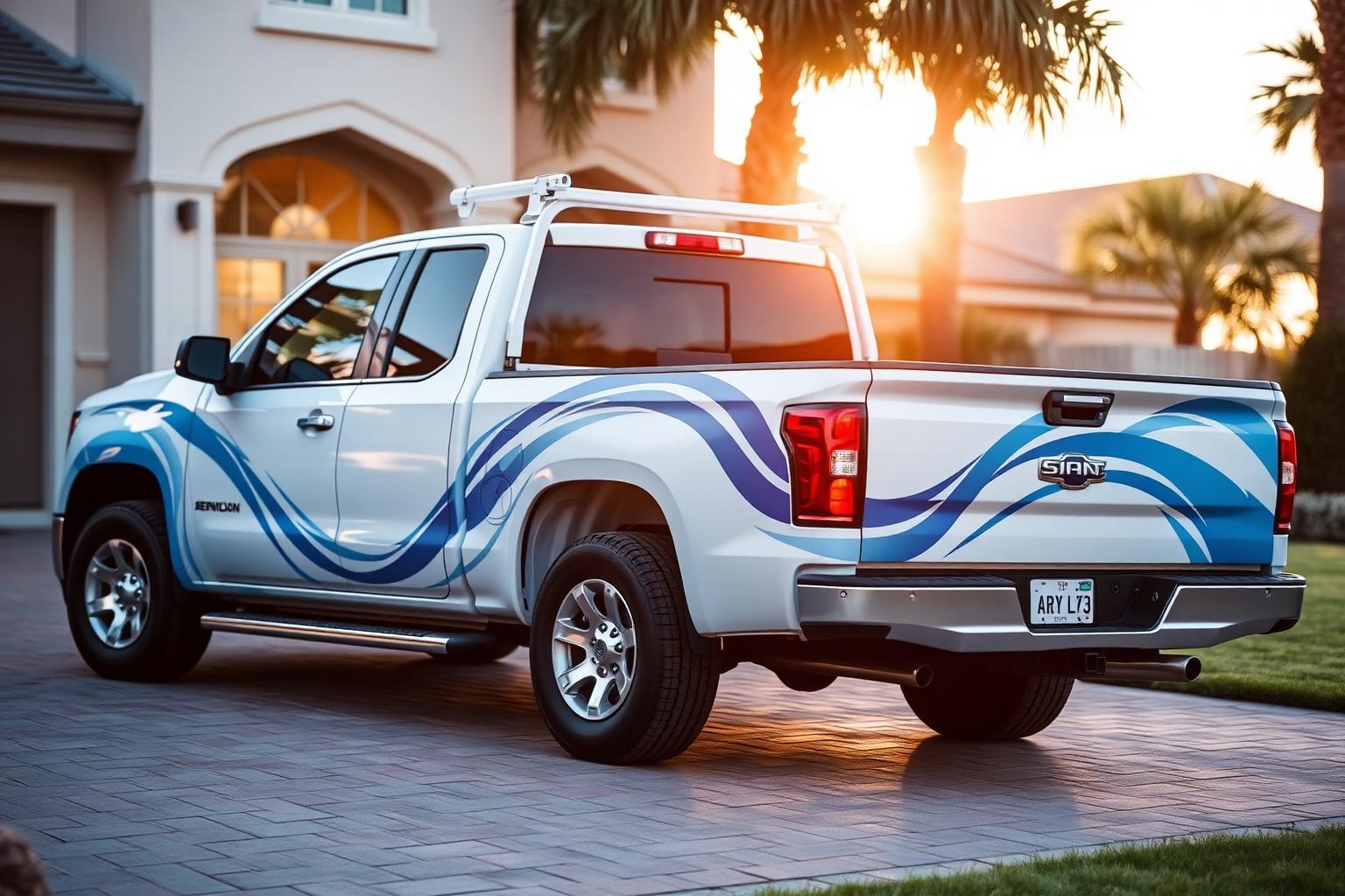 Blue Wave Pool Services branded truck arriving in a driveway